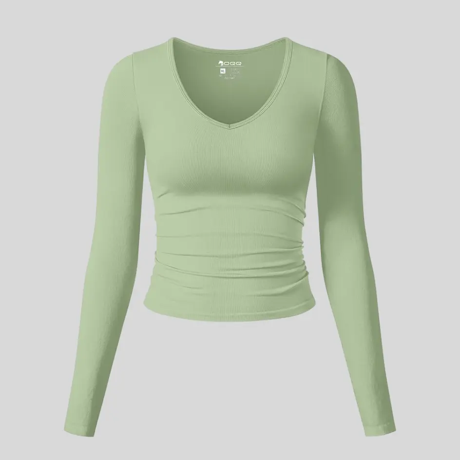 A nylon long sleeve yoga top, offering a lightweight and moisture-wicking feel.