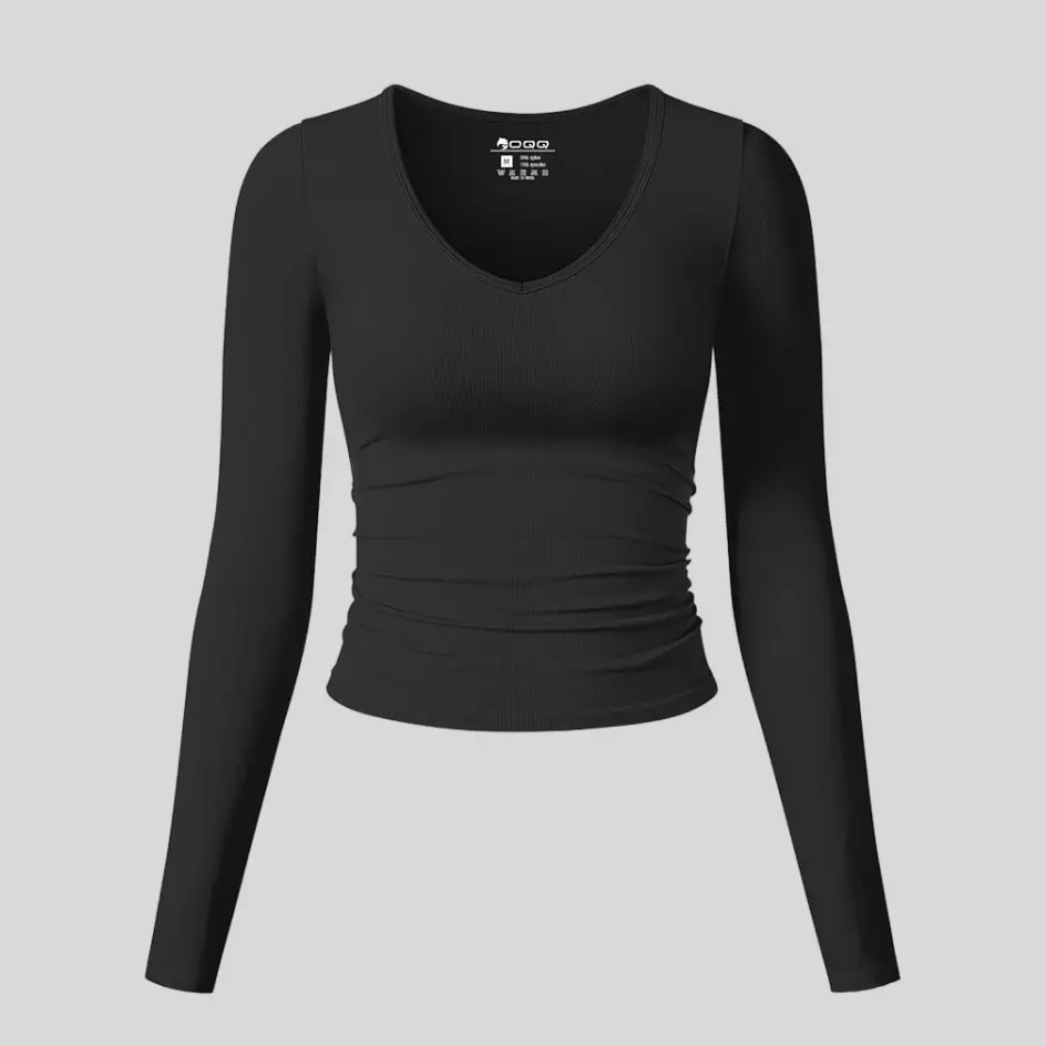 A spandex long sleeve yoga top, ensuring a body-hugging fit with extra stretch.