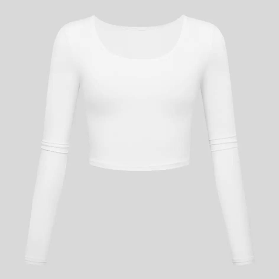 A white long sleeve yoga top, offering a clean and classic look.