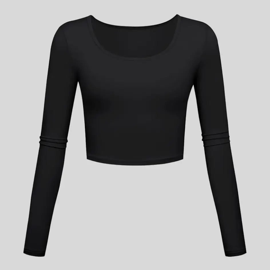 A black long sleeve yoga top, perfect for a sleek and versatile outfit.