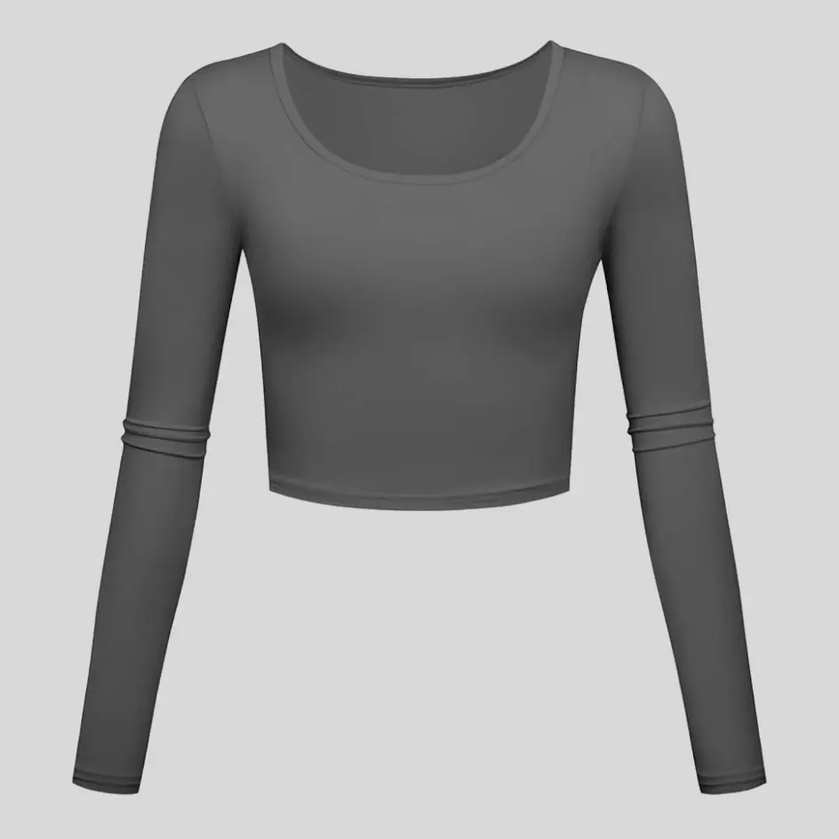 A charcoal long sleeve yoga top, blending sophistication with comfort.