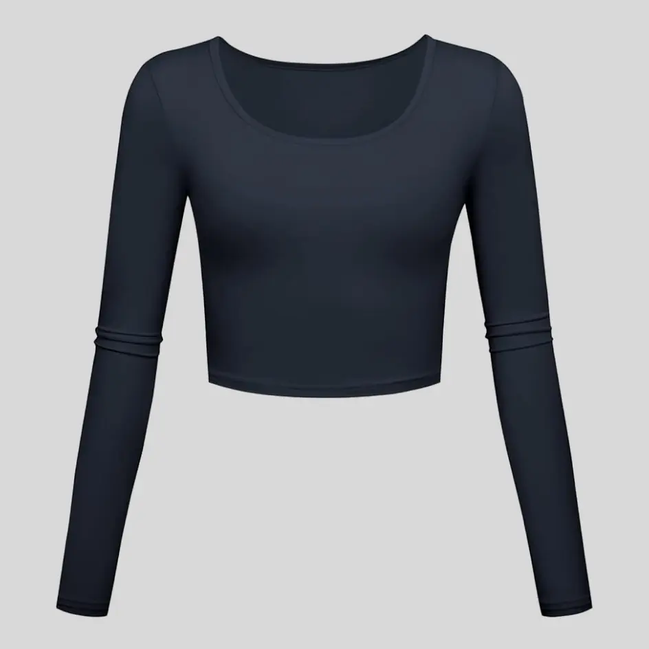 A navy long sleeve yoga top, providing a deep and rich color option.