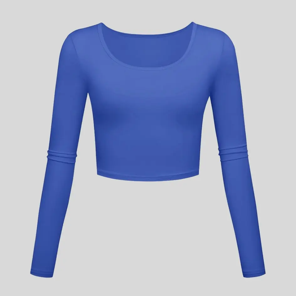 A royal blue long sleeve yoga top, offering a bold and energetic touch.