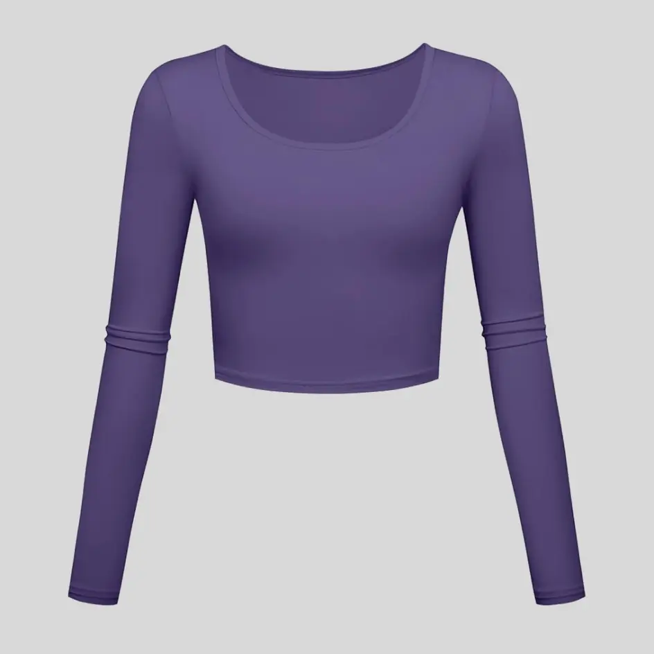 A purple long sleeve yoga top, blending style and sophistication.