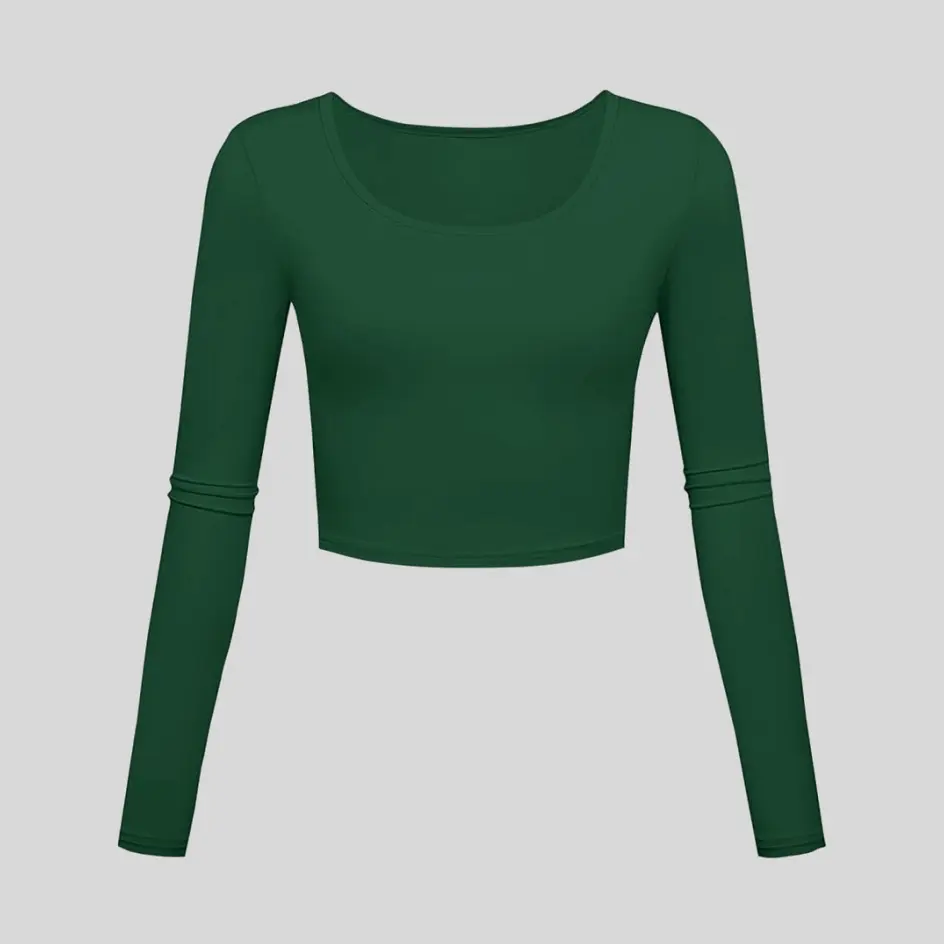 A forest green long sleeve yoga top, bringing a natural and earthy feel.