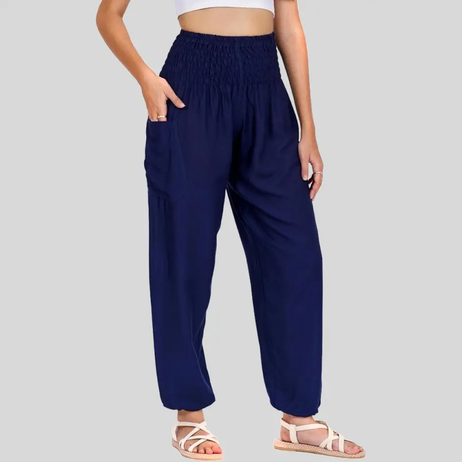 Harem pants in navy, adding a deep, sophisticated hue to the collection.