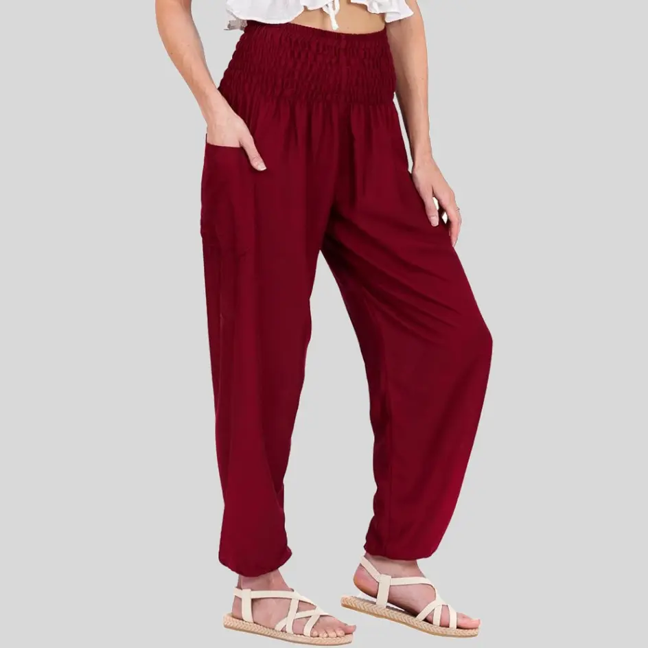 Harem pants in maroon, offering a rich and elegant color choice.