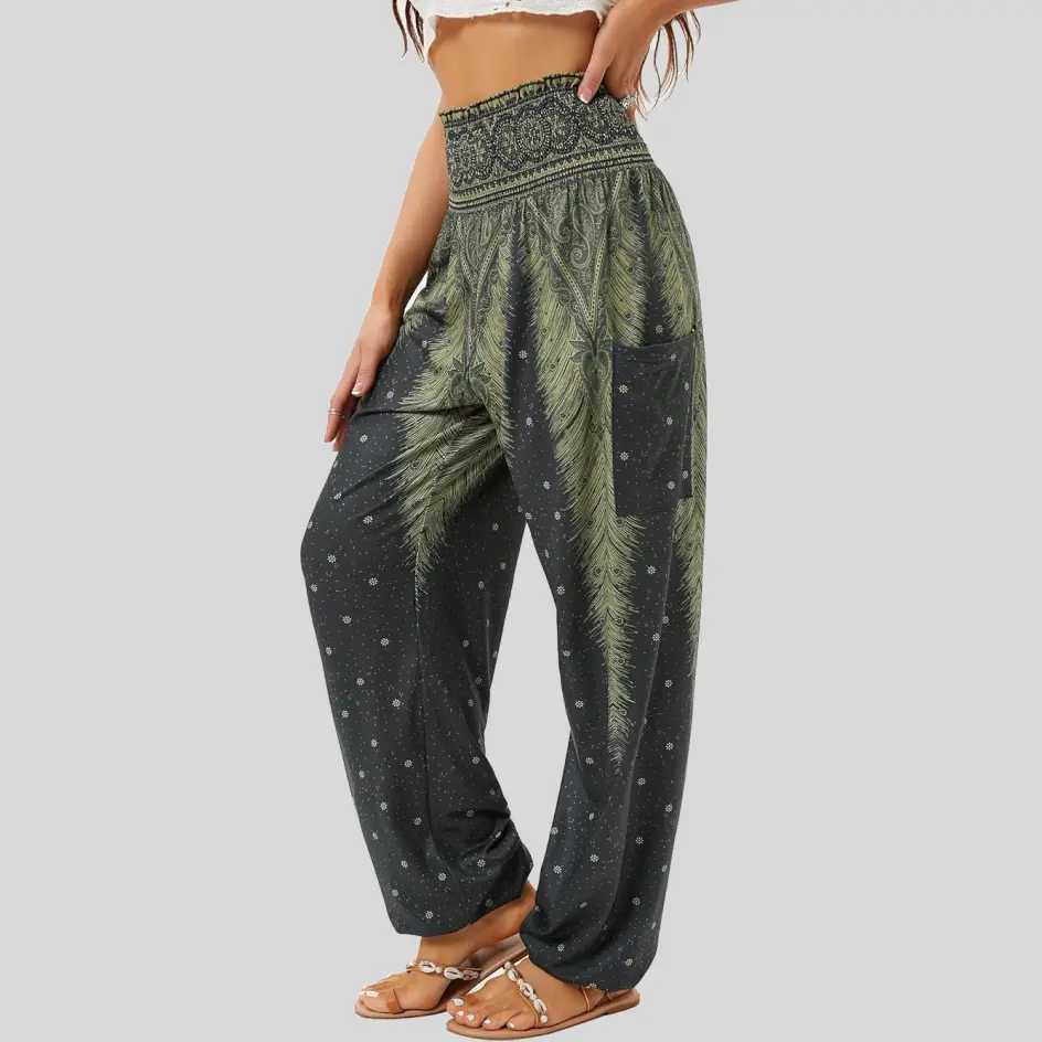 Harem pants in forest green, inspired by nature for a calming aesthetic.