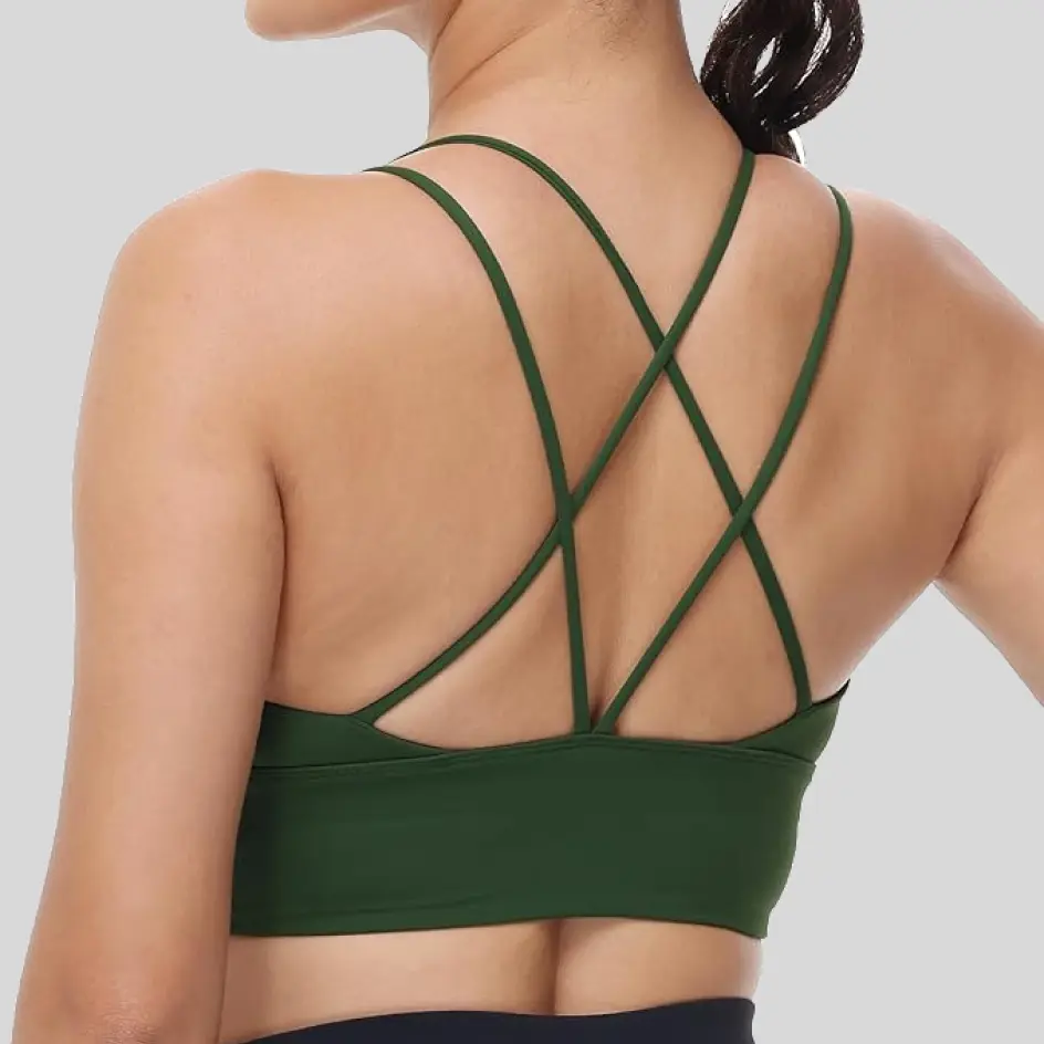 Strappy bras in forest green, inspired by natural tones for a calming vibe.