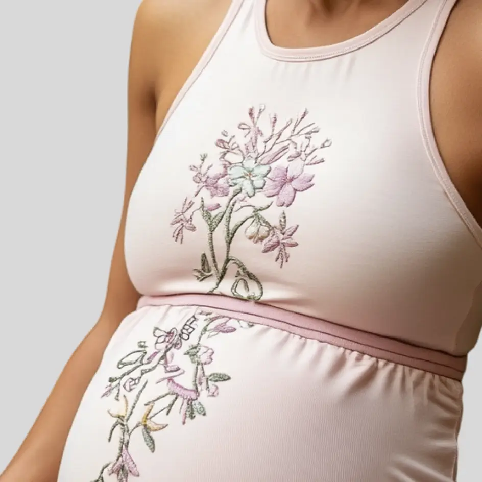 A maternity yoga top with embroidery, showcasing finely stitched designs for a premium and long-lasting finish.