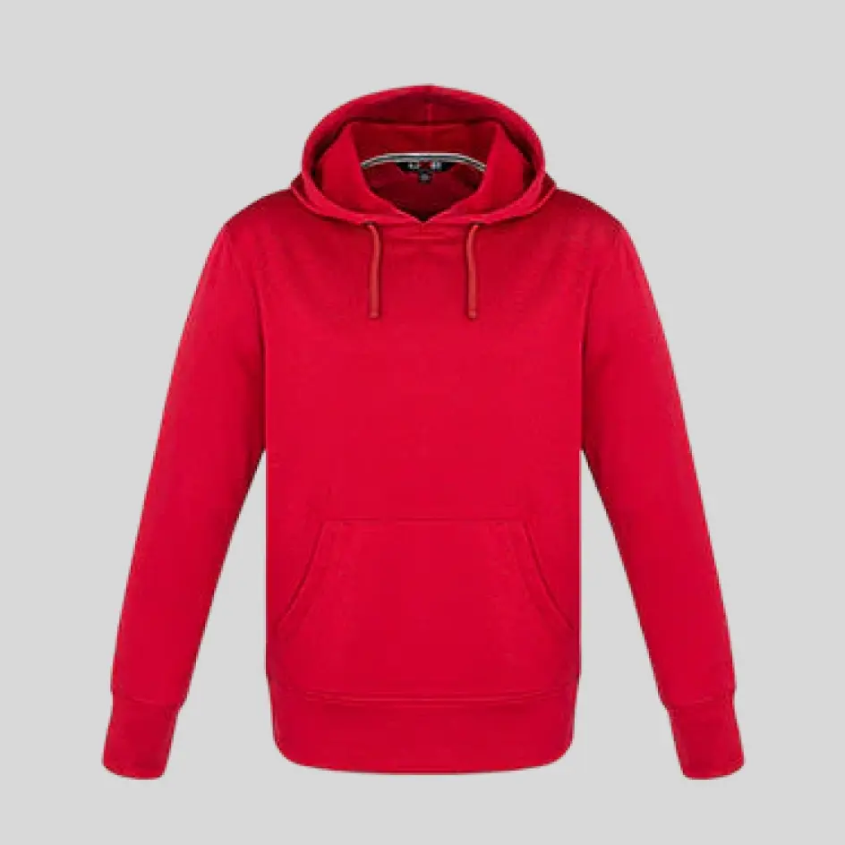 A polyester pullover hoodie with moisture-wicking properties, ideal for active wear.