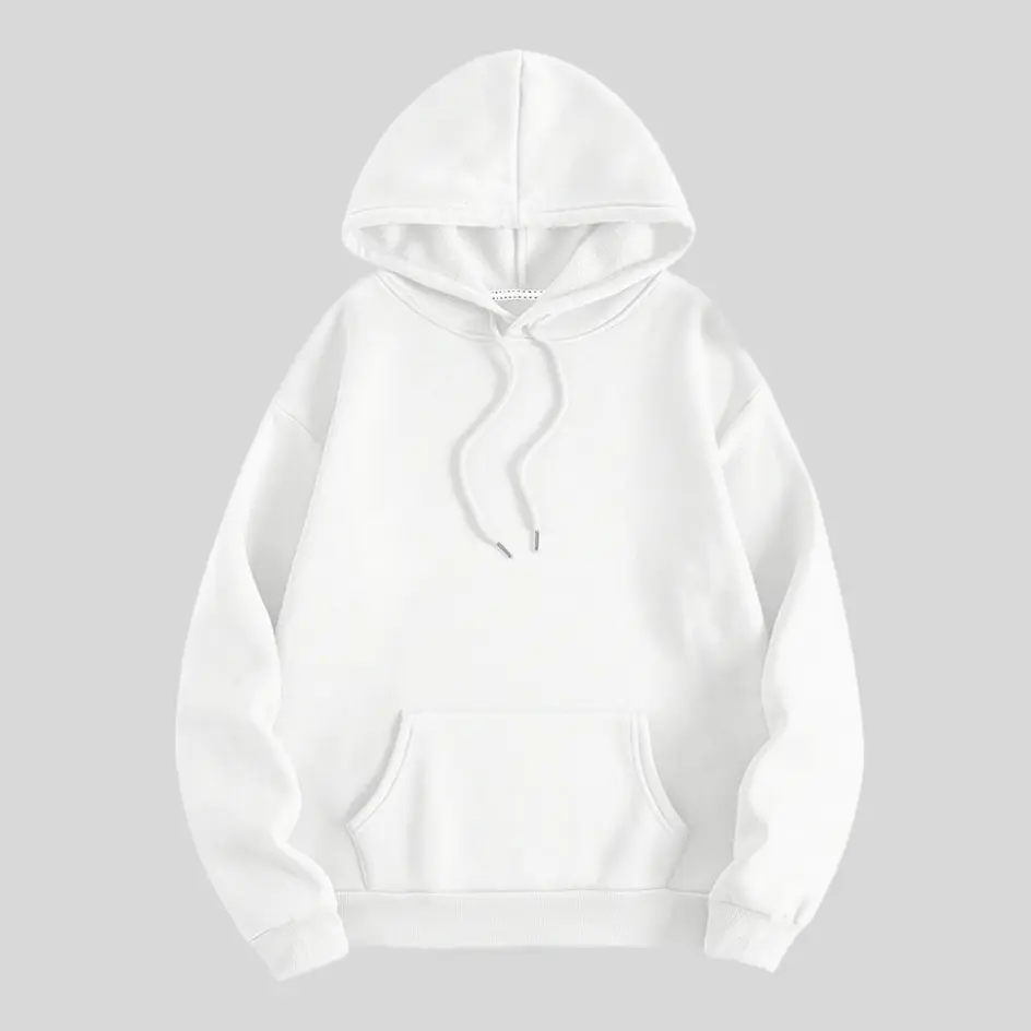 A white pullover hoodie with a clean, minimalist look for versatile styling.