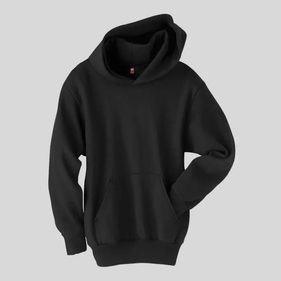 A black pullover hoodie, offering a sleek and timeless design.