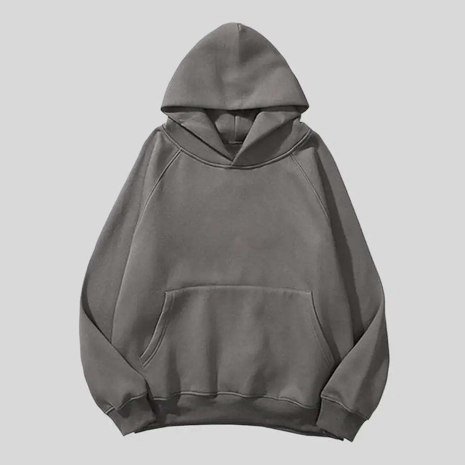 A charcoal pullover hoodie, featuring a neutral and modern aesthetic.