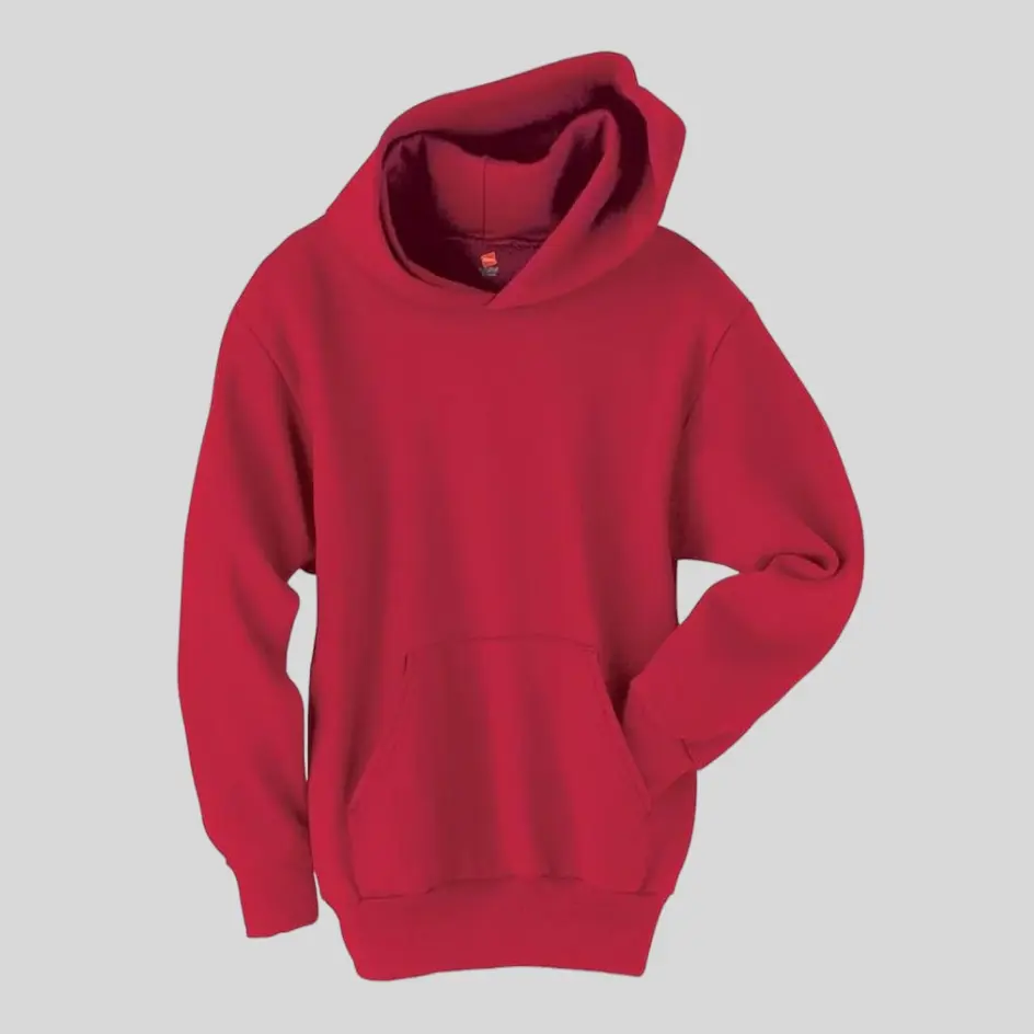 A red pullover hoodie, delivering a striking and energetic look.