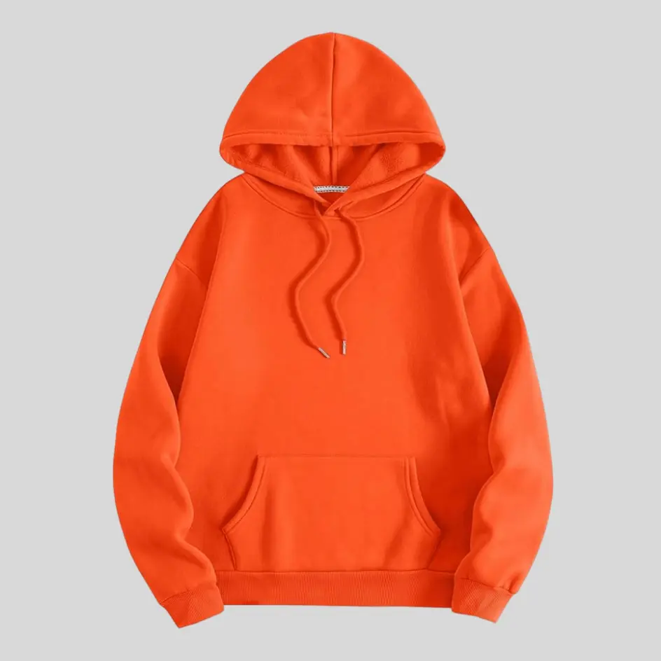 An orange pullover hoodie, adding warmth and brightness to any outfit.