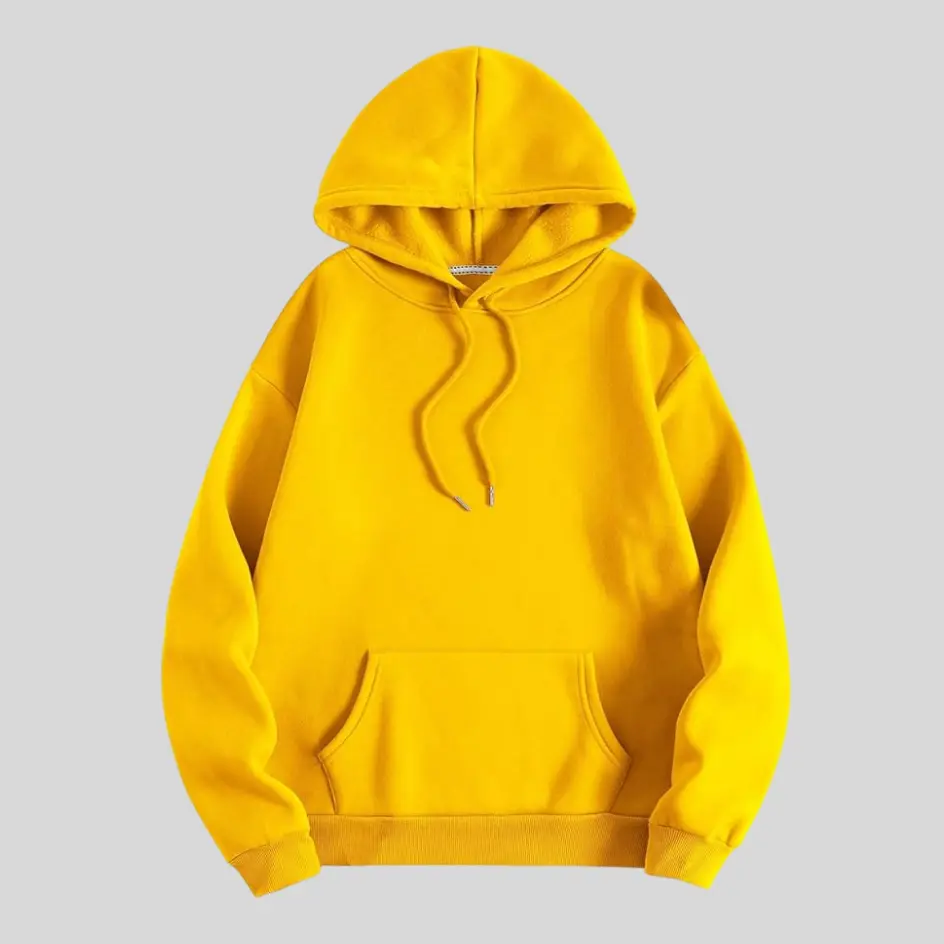 A yellow pullover hoodie, creating a cheerful and eye-catching appearance.