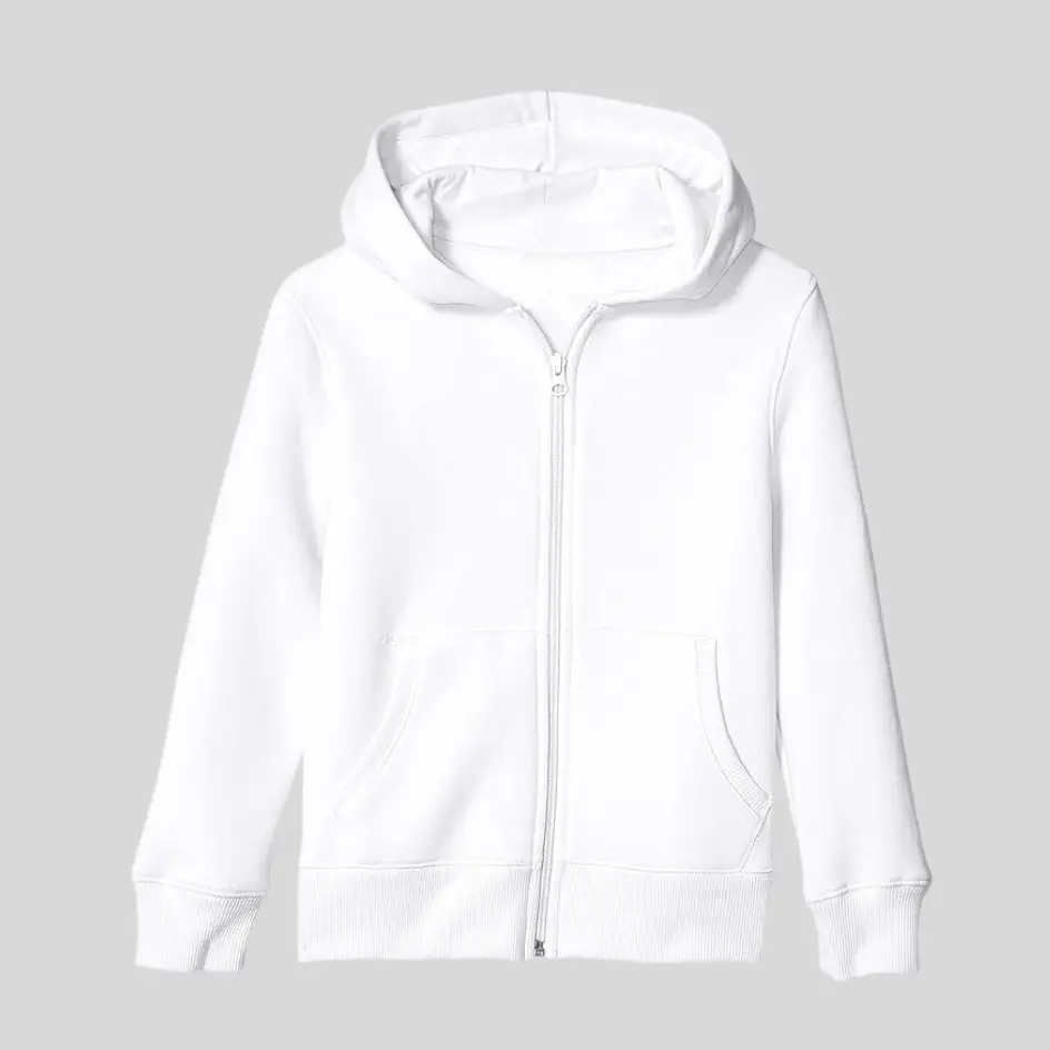 A white zip-up hoodie with a crisp and clean finish for everyday wear.