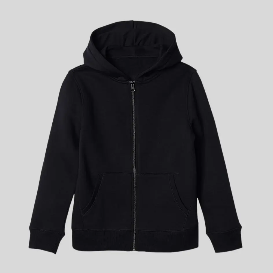 A black zip-up hoodie, offering a sleek and versatile wardrobe essential.