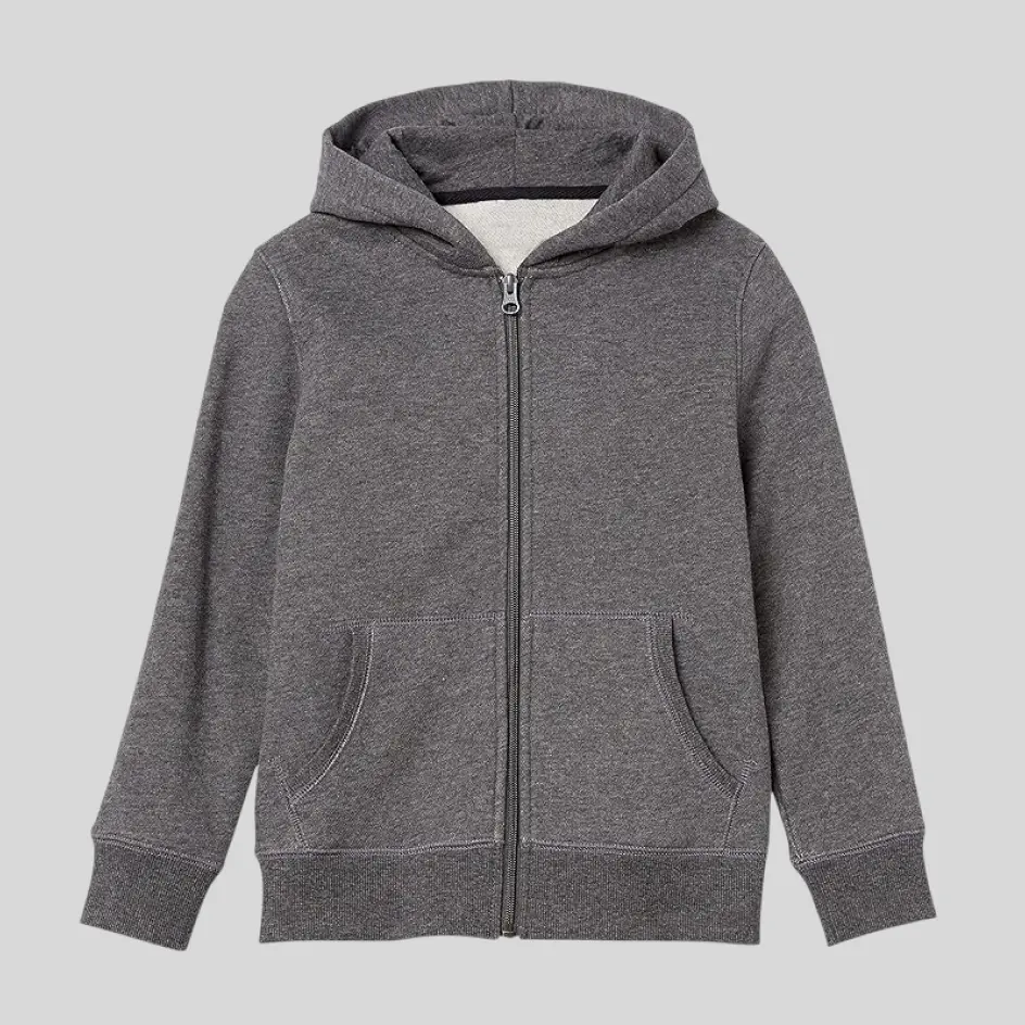 A charcoal zip-up hoodie with a modern and understated look.