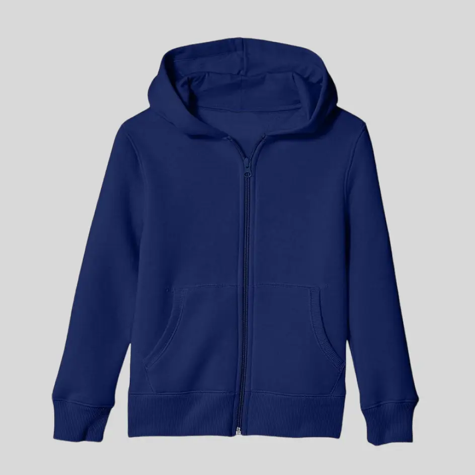 A navy zip-up hoodie, providing a timeless and stylish deep-blue hue.