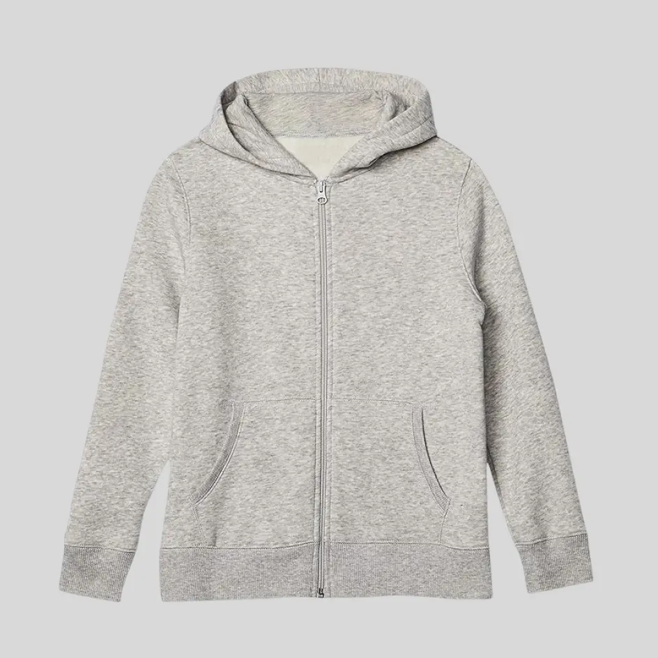 A sport grey zip-up hoodie, blending casual and athletic aesthetics.