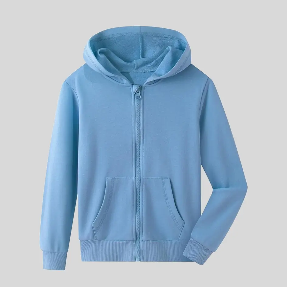 A light blue zip-up hoodie, offering a refreshing and calming shade.