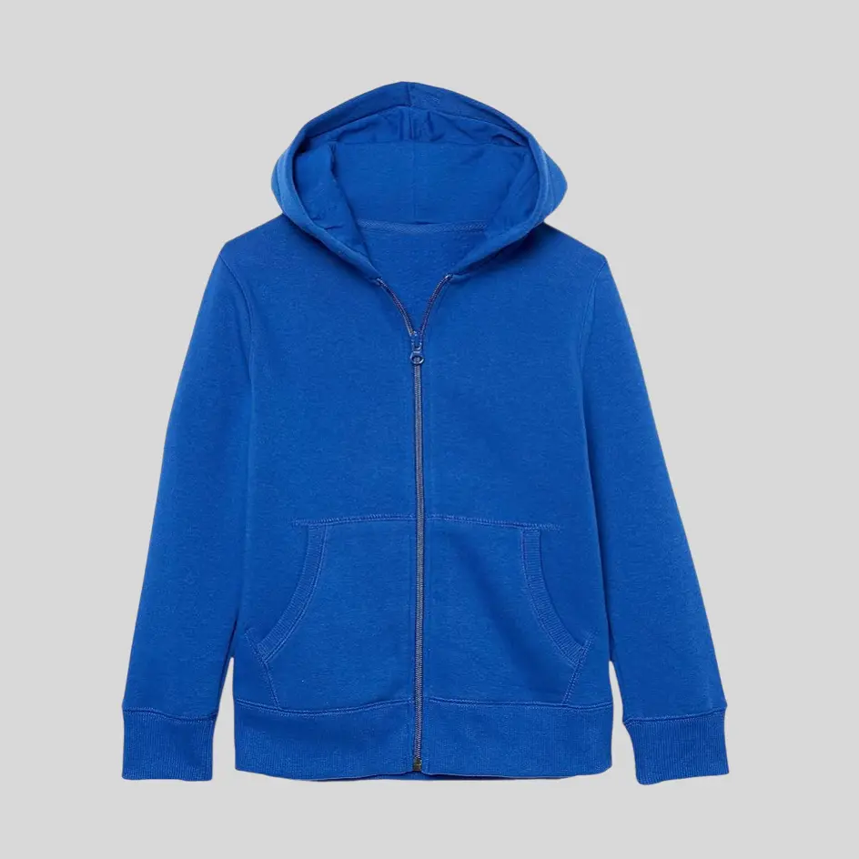 A royal blue zip-up hoodie, bringing vibrancy and boldness to the look.