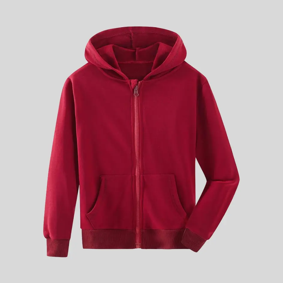 A maroon zip-up hoodie, featuring a deep and rich color for a sophisticated touch.