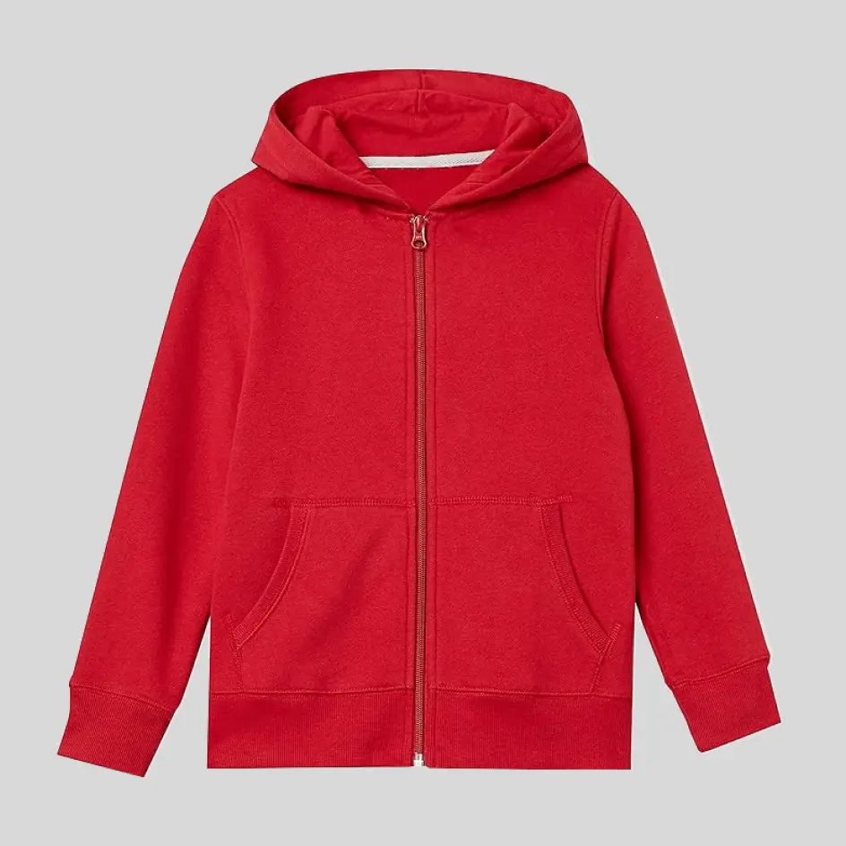 A red zip-up hoodie, delivering a striking and energetic color pop.