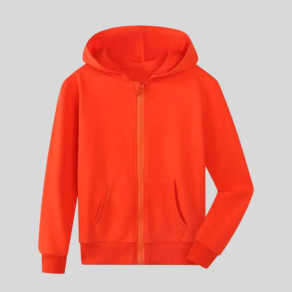 An orange zip-up hoodie, making a bold and warm fashion statement.