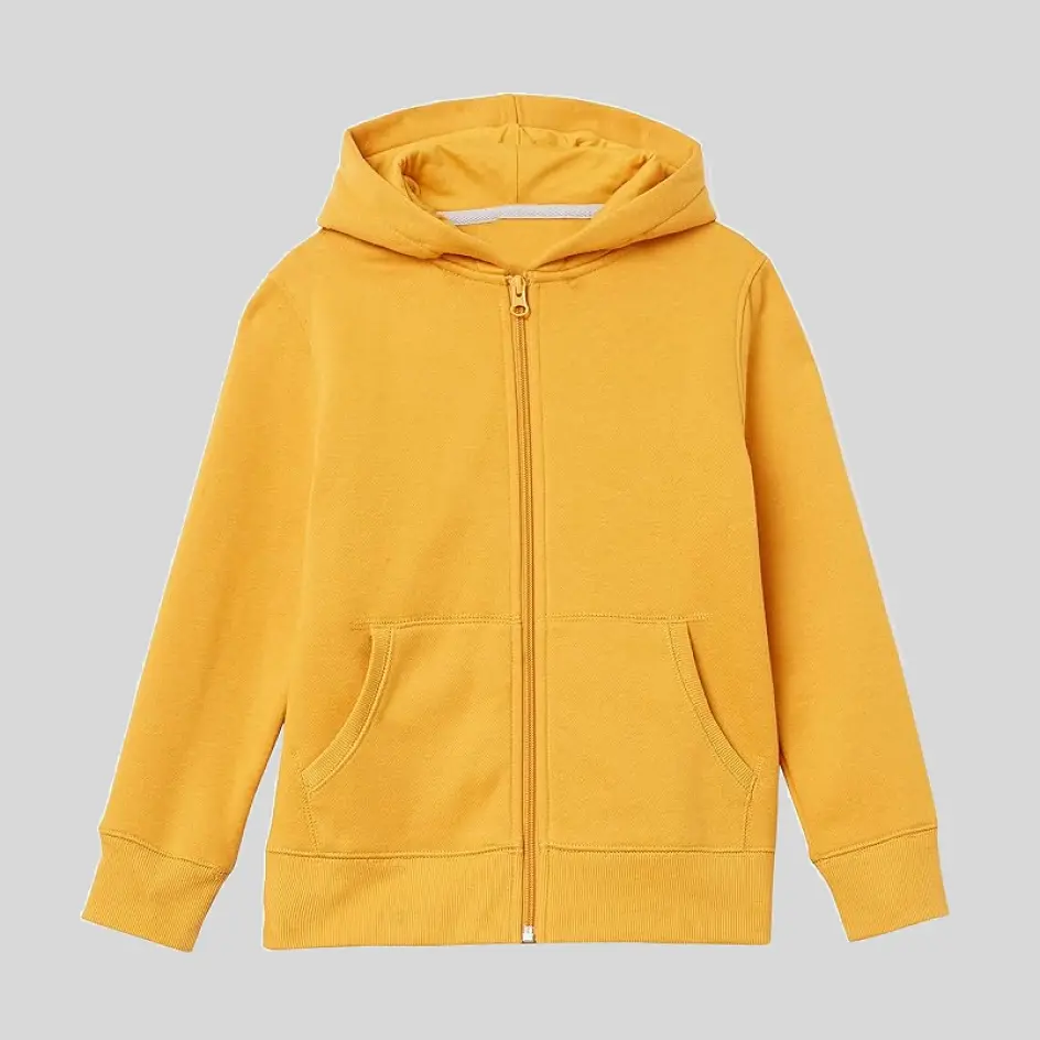 A yellow zip-up hoodie, brightening up any outfit with a cheerful tone.