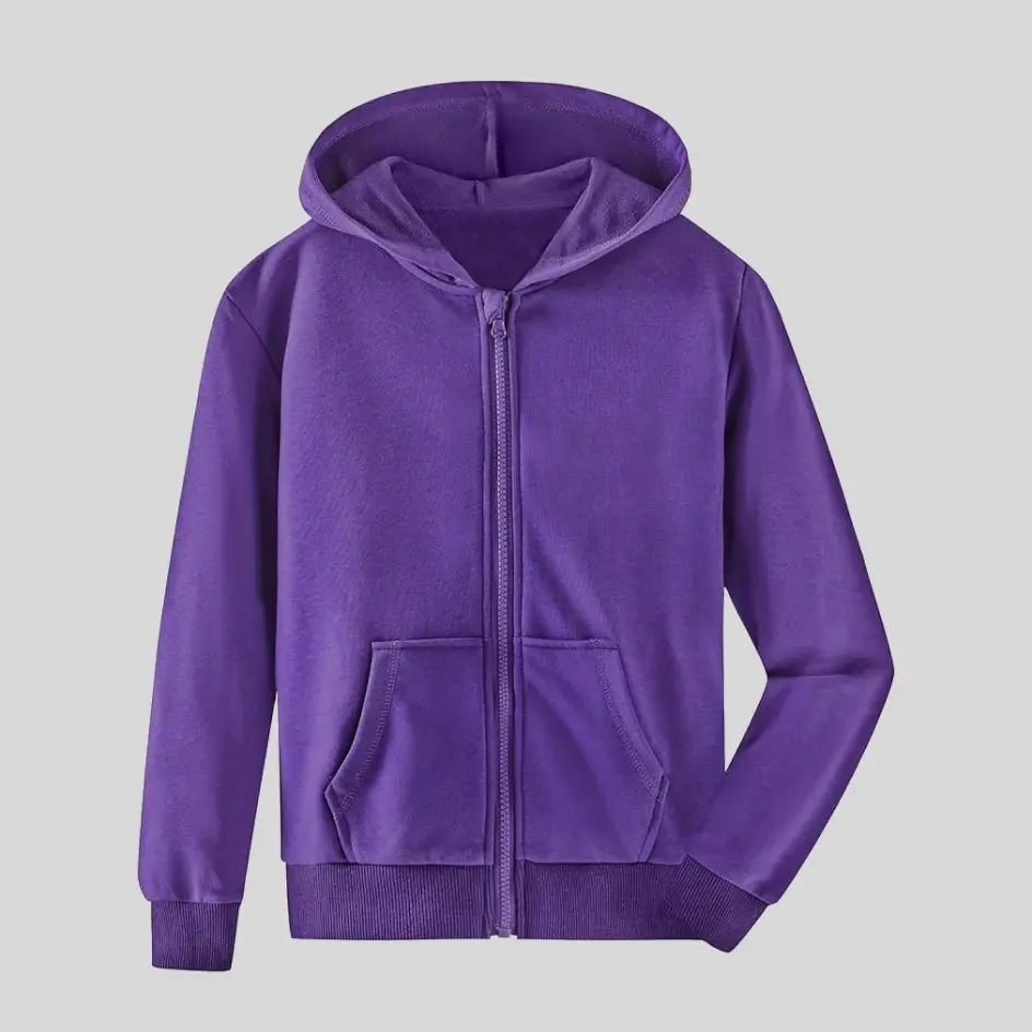 A purple zip-up hoodie, offering a unique and regal color option.