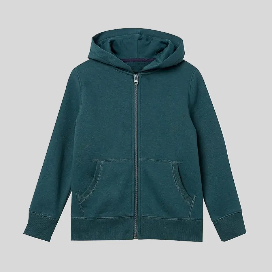 A forest green zip-up hoodie, inspired by nature with a rich, earthy tone.