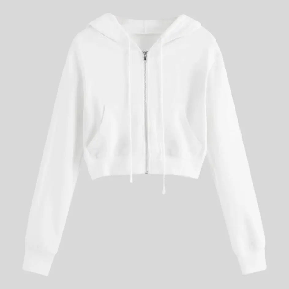 A white crop hoodie with a crisp and clean look, offering a classic and versatile style.