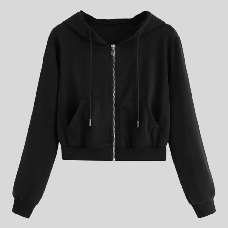 A black crop hoodie with a sleek and timeless design, perfect for everyday wear.