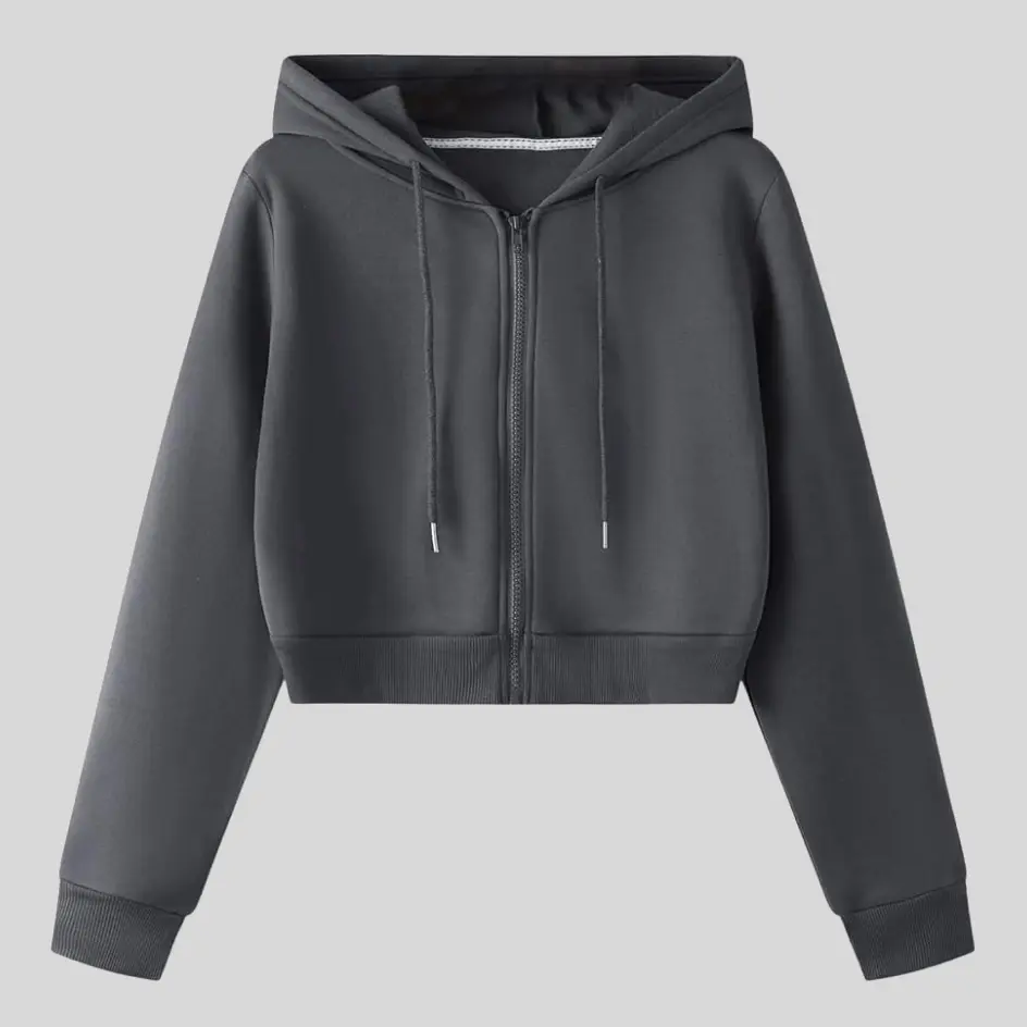 A charcoal crop hoodie with a subtle and modern tone, providing a stylish neutral option.