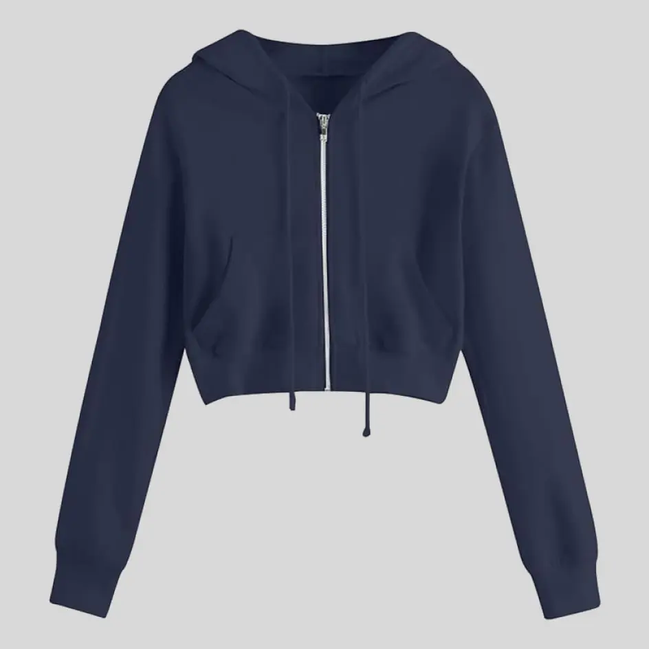 A navy crop hoodie with a deep, rich color, adding a bold yet sophisticated touch.