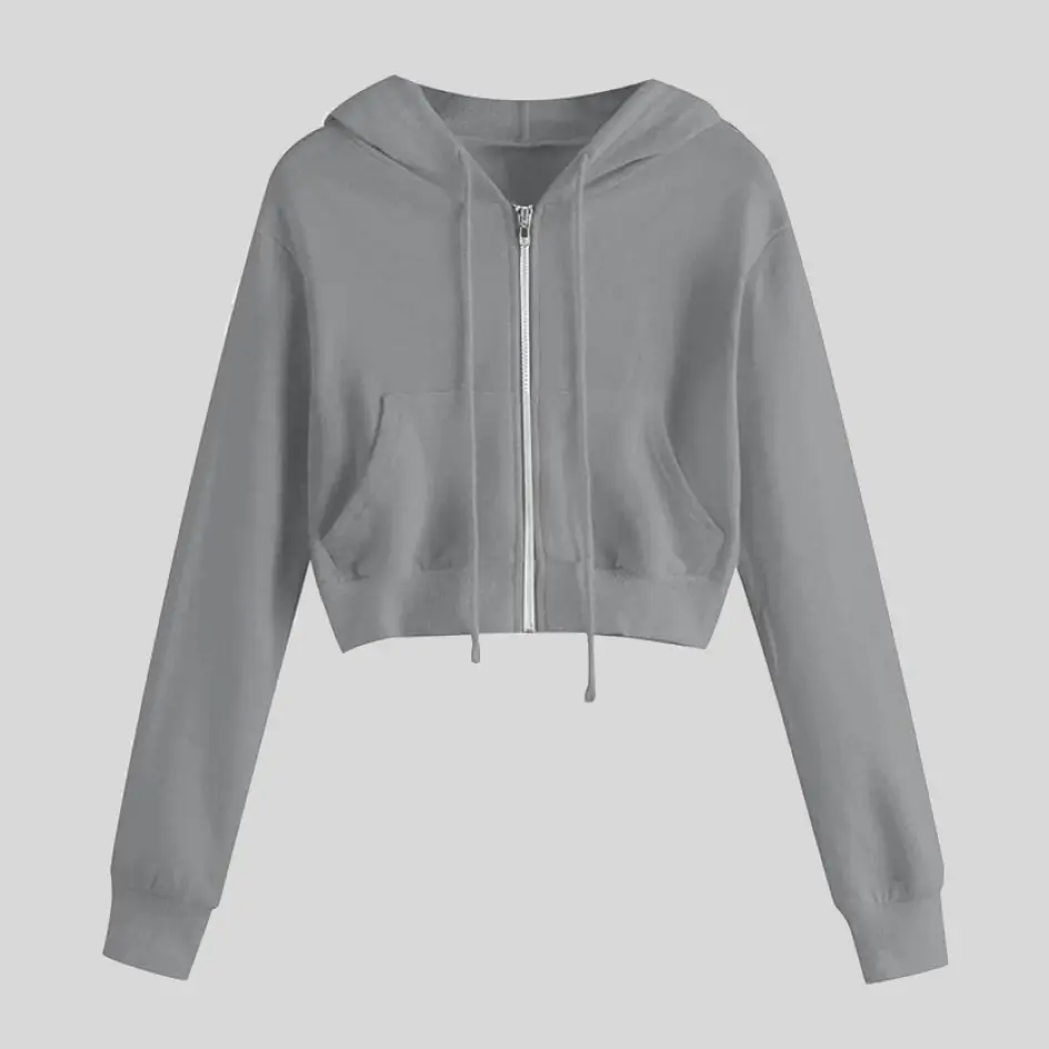 A sport grey crop hoodie with a heathered texture, combining comfort with a casual aesthetic.