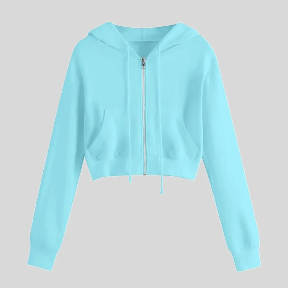 A light blue crop hoodie with a soft and refreshing tone, perfect for a relaxed and airy look.