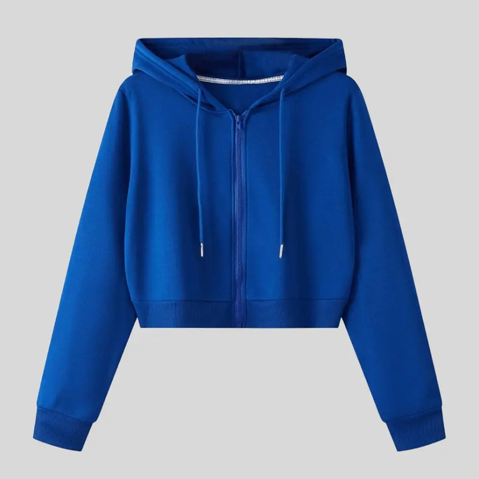 A royal blue crop hoodie with a vibrant and energetic shade, standing out in any setting.