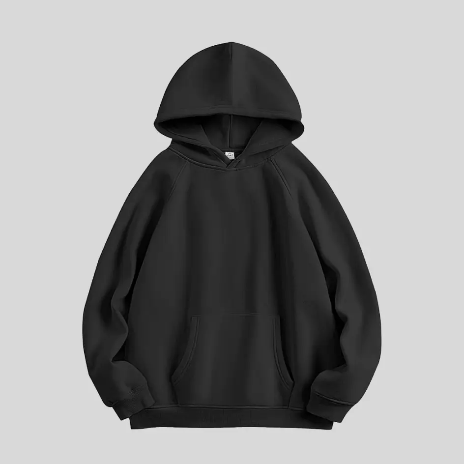 A black oversized hoodie with a bold and classic aesthetic, suitable for any casual look.