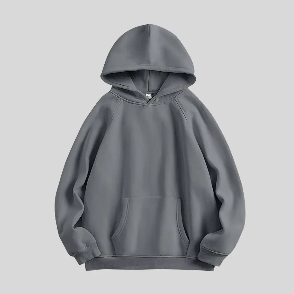 A charcoal oversized hoodie with a muted and sophisticated tone, offering a modern appeal.