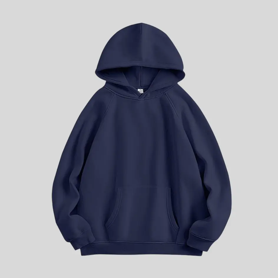 A navy oversized hoodie with a deep and rich hue, adding a stylish touch to relaxed outfits.