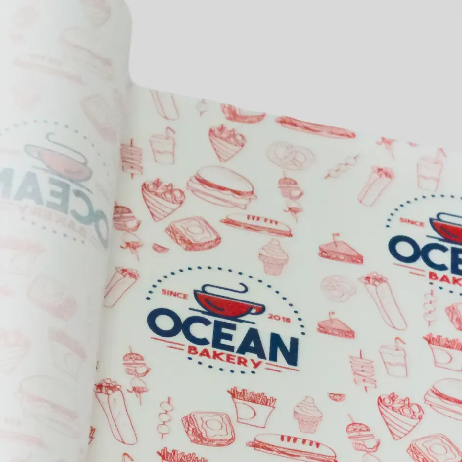 A food-grade paper sheet with a two-color print, offering enhanced branding and visibility for food presentation.