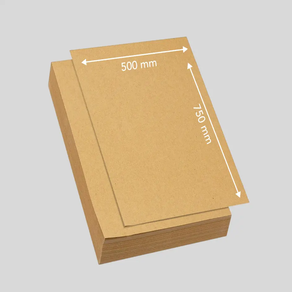 A stack of 500x750mm (20x30") kraft tissue paper, providing an earth-toned option for premium packaging.