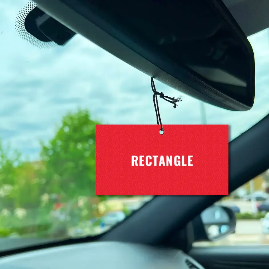 Rectangular air freshener with rounded edges and long-lasting fragrance.