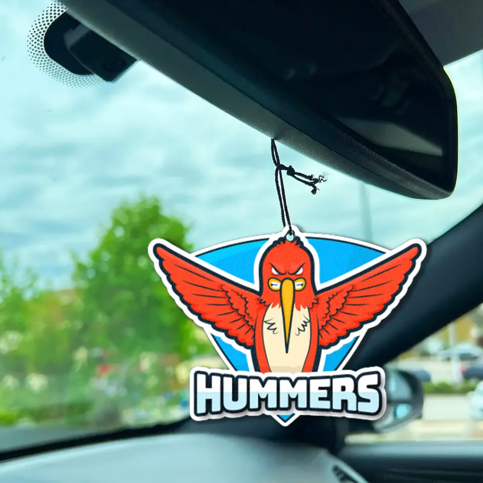 Custom die-cut air freshener in a unique shape for personalized branding.