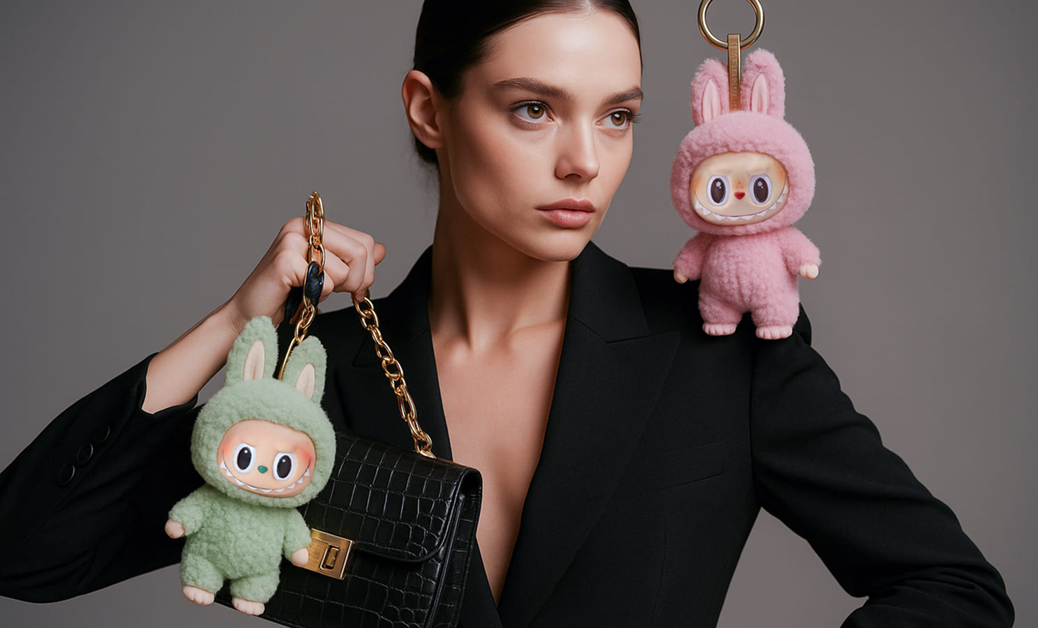 Fashion model with Labubu dolls