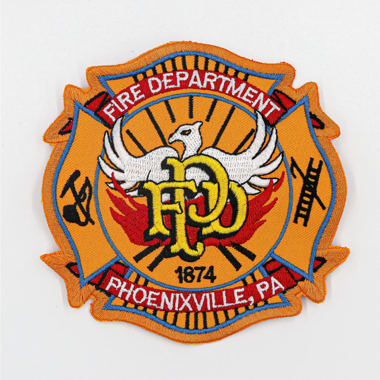 Custom fire department patch featuring unique design elements and vibrant colors, symbolizing bravery and community service.